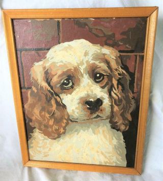 Vintage 8 " X10 " Finished Framed Paint By Number Sad Puppy Dog