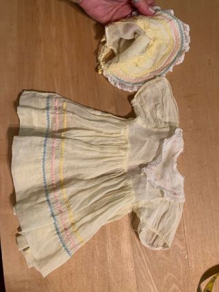 Adorable Vintage Yellow Doll Dress W/pink,  Blue,  Yellow Trim W/ Matching Bonnet