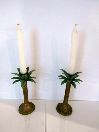 Vintage Brass Palm Tree Candle Stick Holder Set Of 2 - Tropical Beach