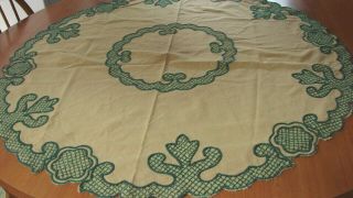 Antique Early 1900s Large Round Needle Work Embroidery Table Throw