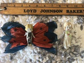 Antique Miniature All Bisque Dolls In Crepe Paper Costumes