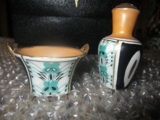 Vintage Noritake Salt Cellar And Pepper Shaker Set - Hand Painted - Made In Japan