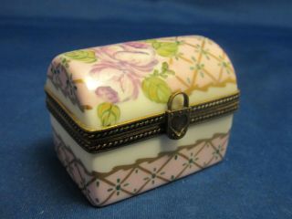 Limoges France Peint Main Trinket Box Signed Ab No42 Floral Treasure Chest Trunk