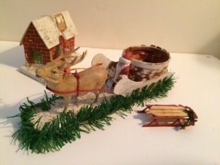 Antique Christmas Decoration - Handmade Sleigh W/ Reindeer