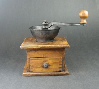 Antique Coffee Mill Grinder Dovetailed Wood Box Cast Iron Grinder,  Cup & Handle