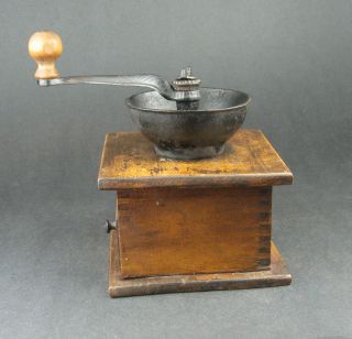 Antique Coffee Mill Grinder Dovetailed Wood Box Cast Iron Grinder,  Cup & Handle 2