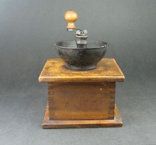 Antique Coffee Mill Grinder Dovetailed Wood Box Cast Iron Grinder,  Cup & Handle 3