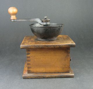 Antique Coffee Mill Grinder Dovetailed Wood Box Cast Iron Grinder,  Cup & Handle 4