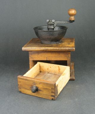 Antique Coffee Mill Grinder Dovetailed Wood Box Cast Iron Grinder,  Cup & Handle 5
