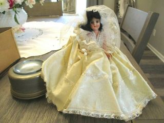 Antique Swissco Musical Powder Box Revolving Bride Doll Celluloid Box