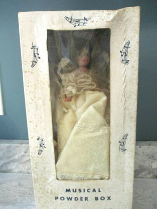 Antique Swissco Musical Powder Box revolving bride doll celluloid box 2