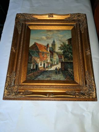 Ornate Wood Framed Oil Painting,  Medium 14 3/8 Inch Wide,  12 - 1/4 Tall,  Village