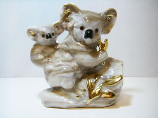 Vintage Marbled Ceramic Koala Bear With Baby Gold Accents