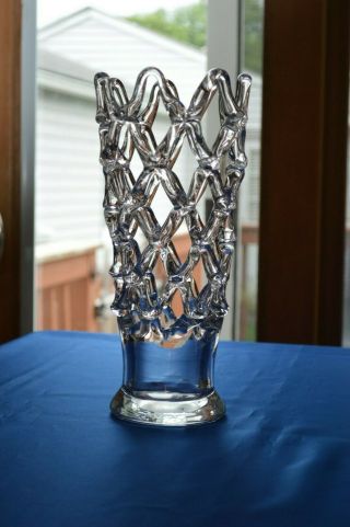 Mcm Hand Blown Lattice Glass Vase Clear 11 1/2 " Tall