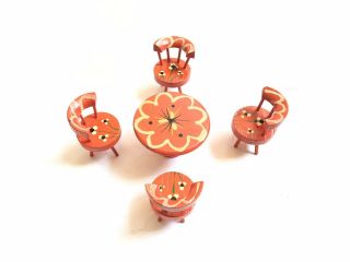 Doll House Furniture Dutch Style Wood Orange Hand Painted Table 4 Chairs Floral