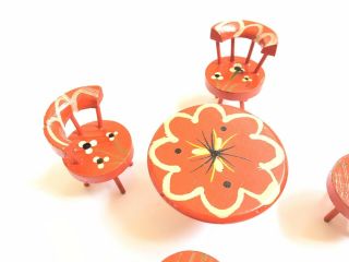 Doll House Furniture Dutch Style Wood Orange Hand Painted Table 4 Chairs Floral 2