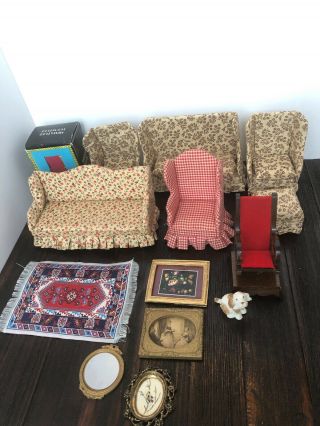 Vintage Miniature Dollhouse Furniture Sofa,  Chairs,  Ottoman And More