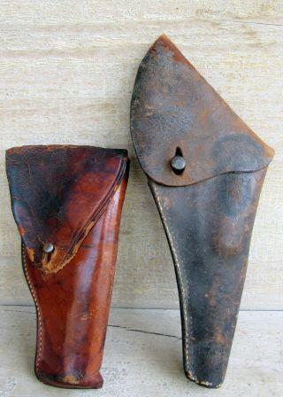 Two Antique Leather Holsters One Military Style Other Stamped 1300b Button Flaps