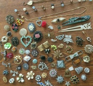 80 Vintage Antique Jewelry Brooch Pins Earrings Bakelite Enamel Ivory Hair Comb