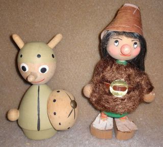 Vintage Set Of 2 Swedish Tomte Gnome & Viking Folk Art Wooden Norway Troll