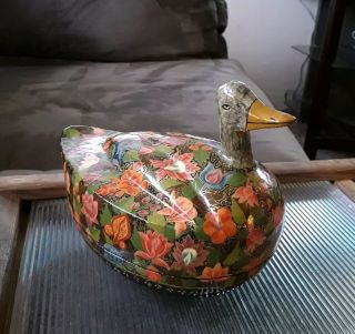 Vintage Hand Painted Lacquer Wooden Duck Shaped Trinket Box Floral Htf