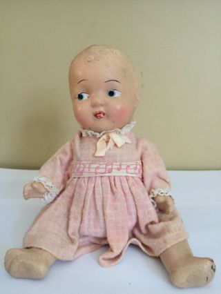 Vintage Composition Sitting Girl Baby Doll With Clothing 7 " Tall