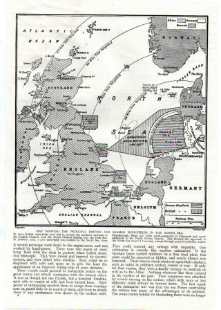 Ww1 Antique Map British & German Mine Fields In The North Sea