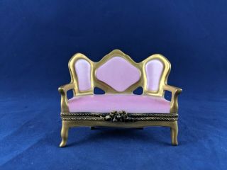 Limoges France Peint Main Trinket Box,  Pink Sofa Couch Gold Settee