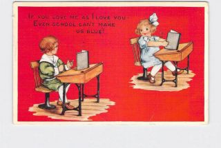 Antique Postcard Valentine Whitney Boy And Girl Sit At School Desks 2
