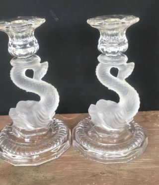 Vintage Clear Glass Asian Style Dragon Fish Candle Stick Pair