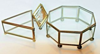 Vtg (3) Brass & Glass Trinket Jewelry Box Display Cases 3,  4 & 8 Sided Boxes