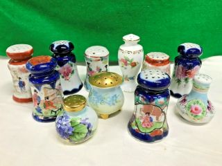 11 Vintage Antique Single Porcelain Salt / Pepper Shakers Floral & Geisha Girl