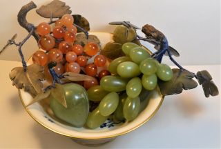 Jade Fruit (2 Grapes & 1 Plum) And Lenox Pagoda 24k Hand Gilded Bowl