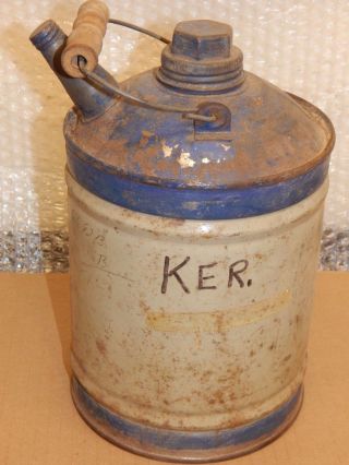Antique Galvanized Metal Kerosene Can With Wooden Handle & Blue Paint,