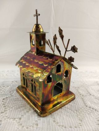 Vintage Folk Art Copper Metal Tin Church Music Box Plays Grace