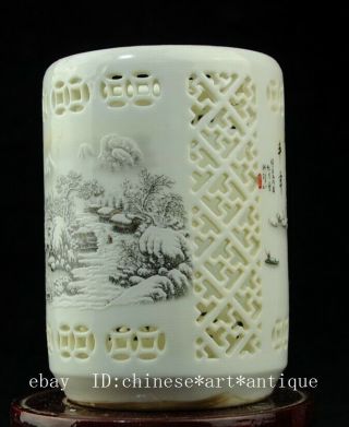 China Old Porcelain Famille Rose Snowscape Brush Pot /qianlong Mark 58 C01