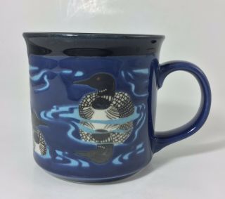 Otagiri Swimming Ducks Signed Coffee Tea Mug Blue W/ Black Inside Made In Japan