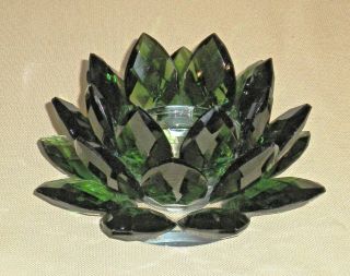 Vintage Green Crystal Lotus Pillar Candle Holder Sorelle Signed Hand Crafted 31c