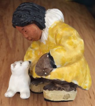 C.  Alan Johnson Eskimo With Dog Figurine Vintage 1959 Signed