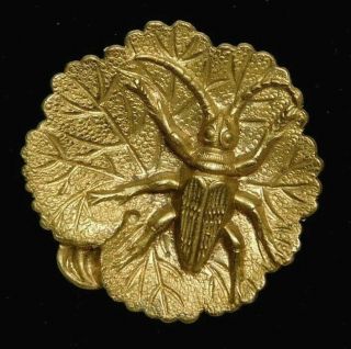 Antique Vtg Button Beetle Bug On A Realistic Brass Leaf Victorian Insect M5
