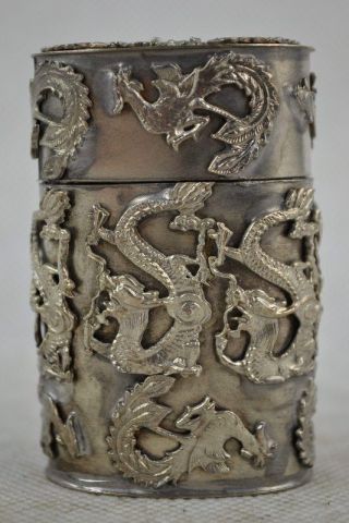 chinese Old copper plating silver Carving Dragon Phoenix Tobacco Box a01 2