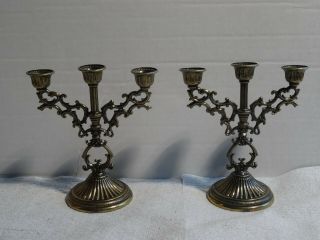 Vintage Set Of 2 Interpur Italy Brass Triple Candle Stick Holder Candelabras