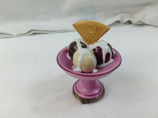 Limoges France Peint Main Ice Cream Scoops Sundae Wafer Trinket Box