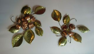 Vintage Homco Brass & Copper 3 Dogwood Flowers & Leaves Metal Wall Hanging Art