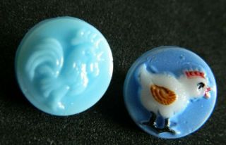 2 Vintage Glass Kiddie/childrens Buttons W A Painted Chick & Rooster Chicken