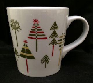 Crate & Barrel Julia Rothman Coffee Mug Cup Christmas Trees White Red Green 16oz