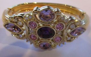 Vintage Swarovski Swan Signed Gold Tone Pink Purple Pave Bangle Bracelet