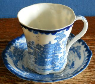 An Antique Blue & White Japanese Porcelain Cup & Saucer Landcape/ Willow