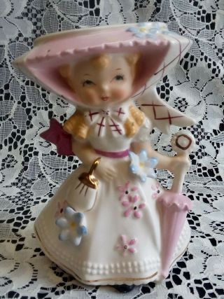 Rare 1955 Vintage Lefton Wall Pocket Ar 70015 Cute Lady In White W/pink Parasol