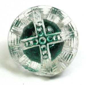 Antique Glass Button Charmstring Radiant W Cross Mold Green Base 9/16 " 1890